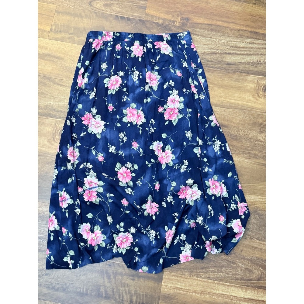 Vintage 90s Jaclyn Smith Floral Button Front Midi Skirt Navy Pink Rayon XL - Picture 2 of 4